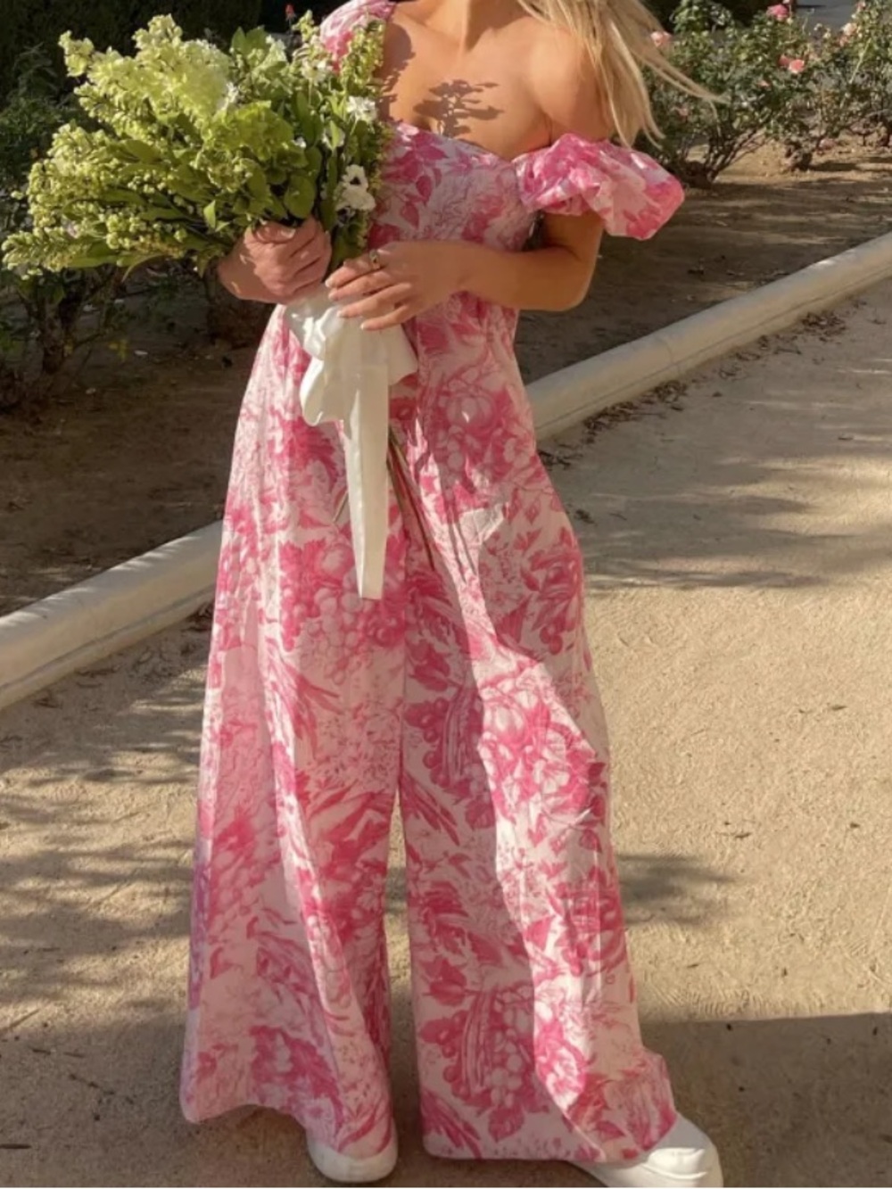 Selkie The Babydoll Toile Hamptons Pink Floral Wide Leg Jumpsuit Women’s Sz S